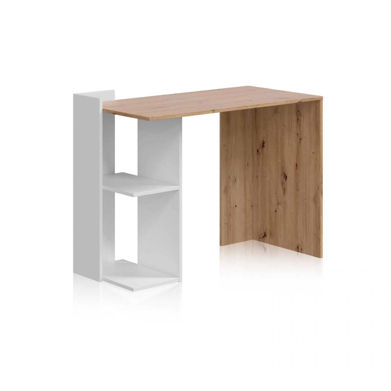 Un escritorio moderno con estantería blanca y tapa de madera.