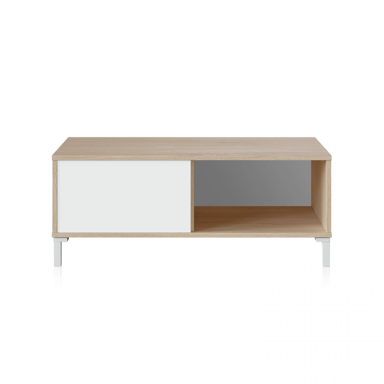 Mesa de centro moderna y rectangular con acabado de madera clara y cajón blanco.
