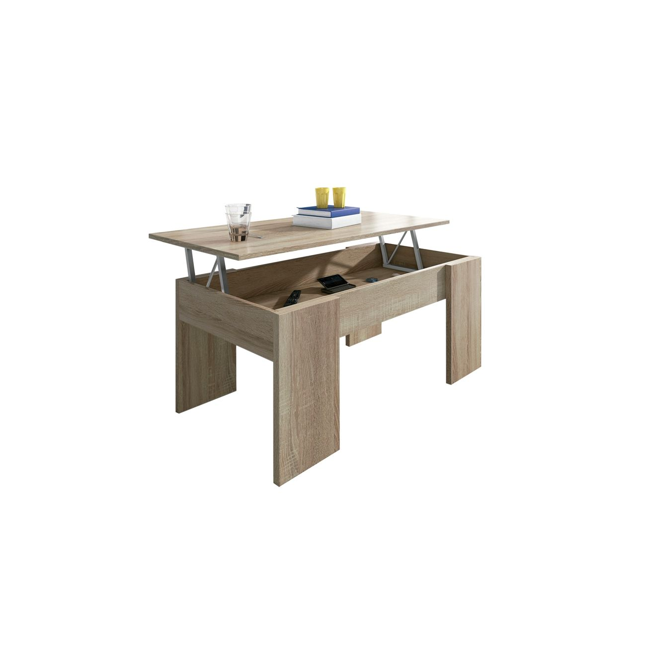 Una mesa de madera clara con tapa elevable, vaso y libros.