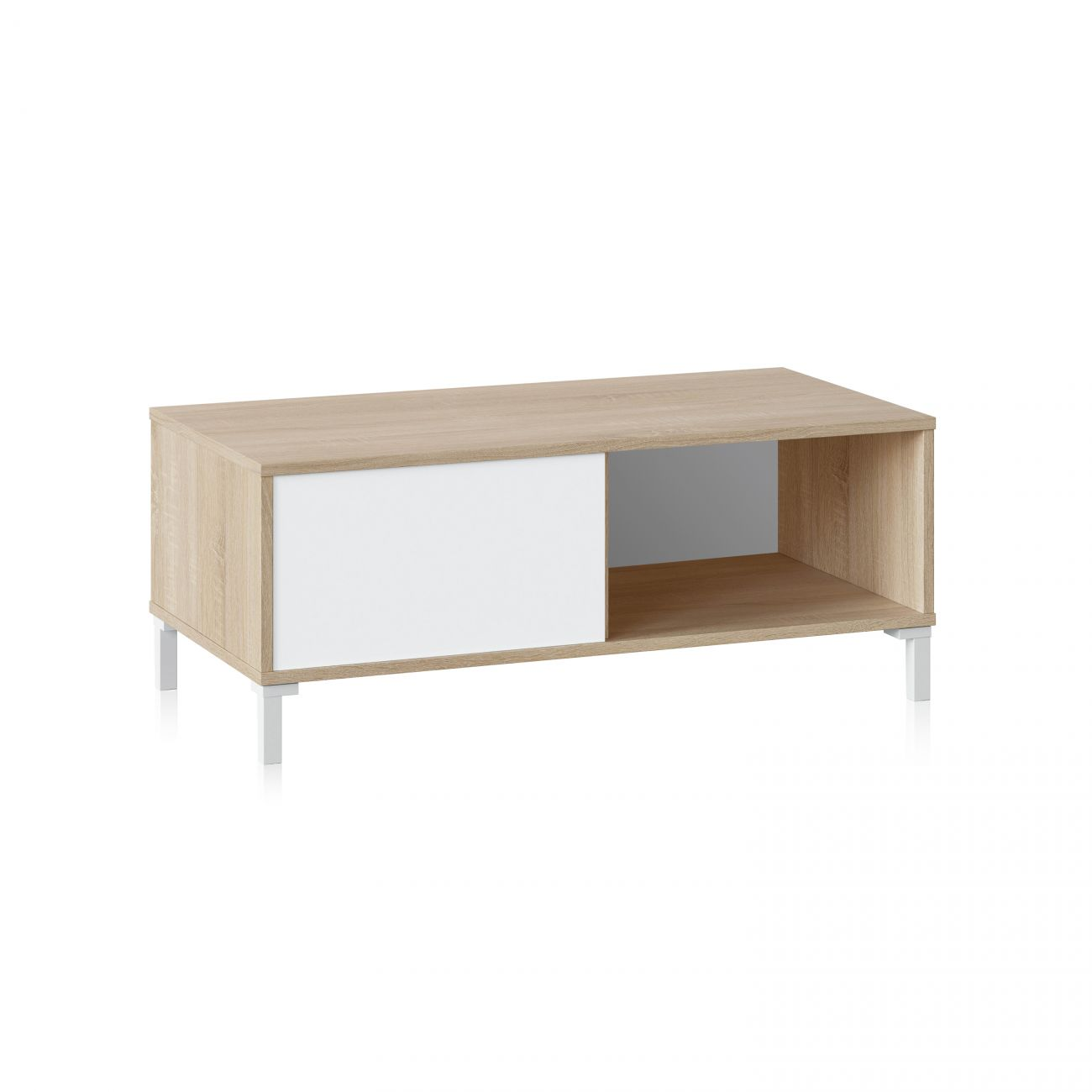 Una mesa moderna de madera con cajón blanco y compartimento abierto.