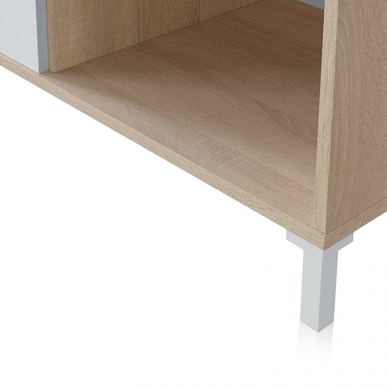 Estante de madera con pata blanca sobre fondo blanco.