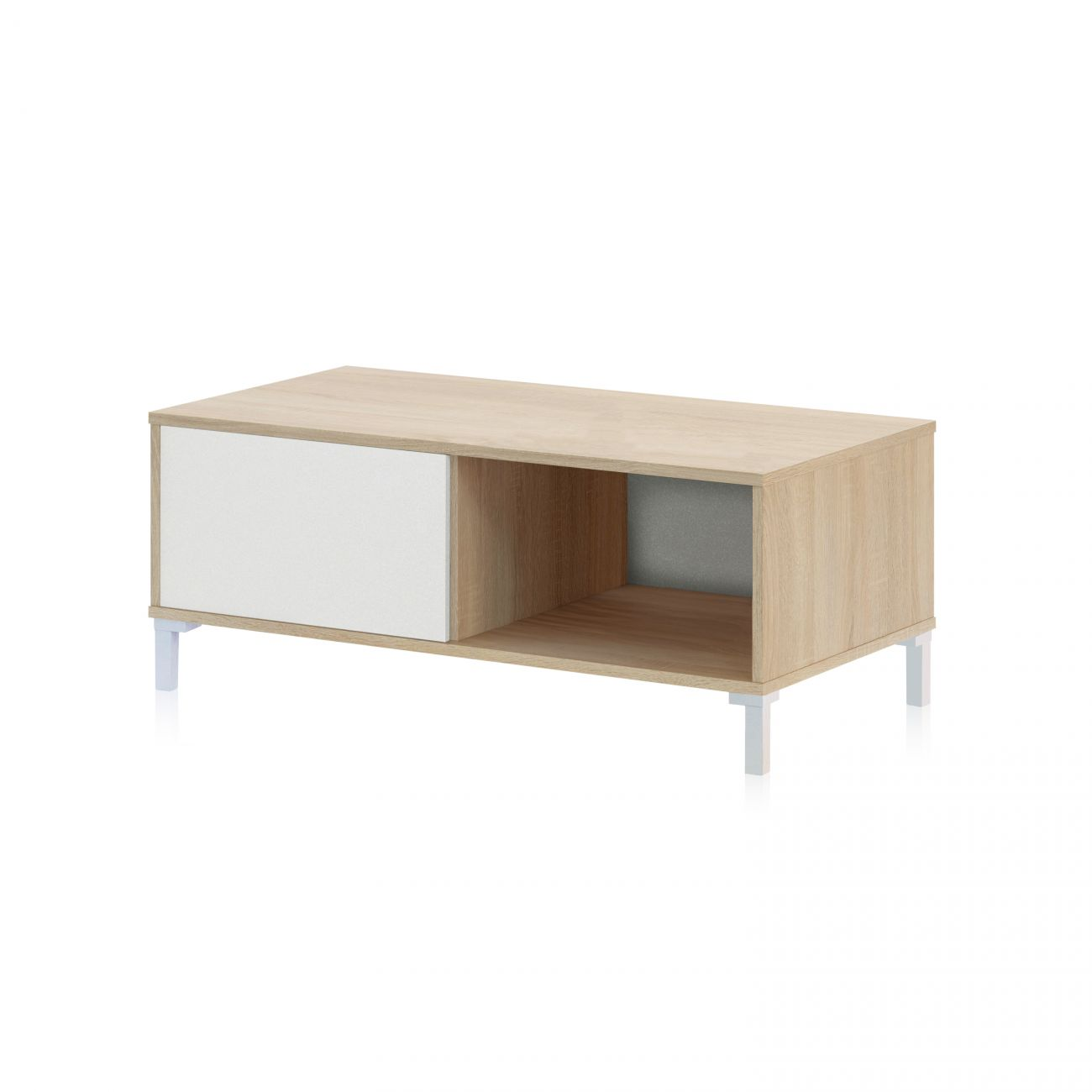 Un mueble de madera clara con cajón blanco y estante abierto sobre patas blancas.