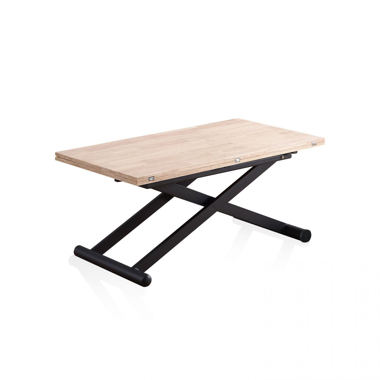 Mesa de madera clara con base de tijera negra, sobre fondo blanco.