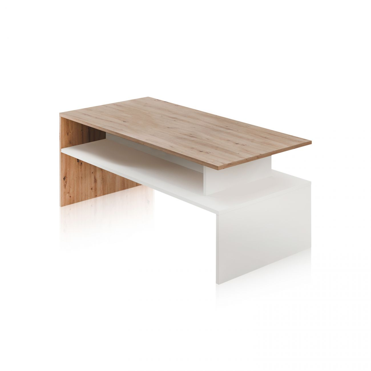 Mesa de centro moderna con tablero de madera y elementos blancos.