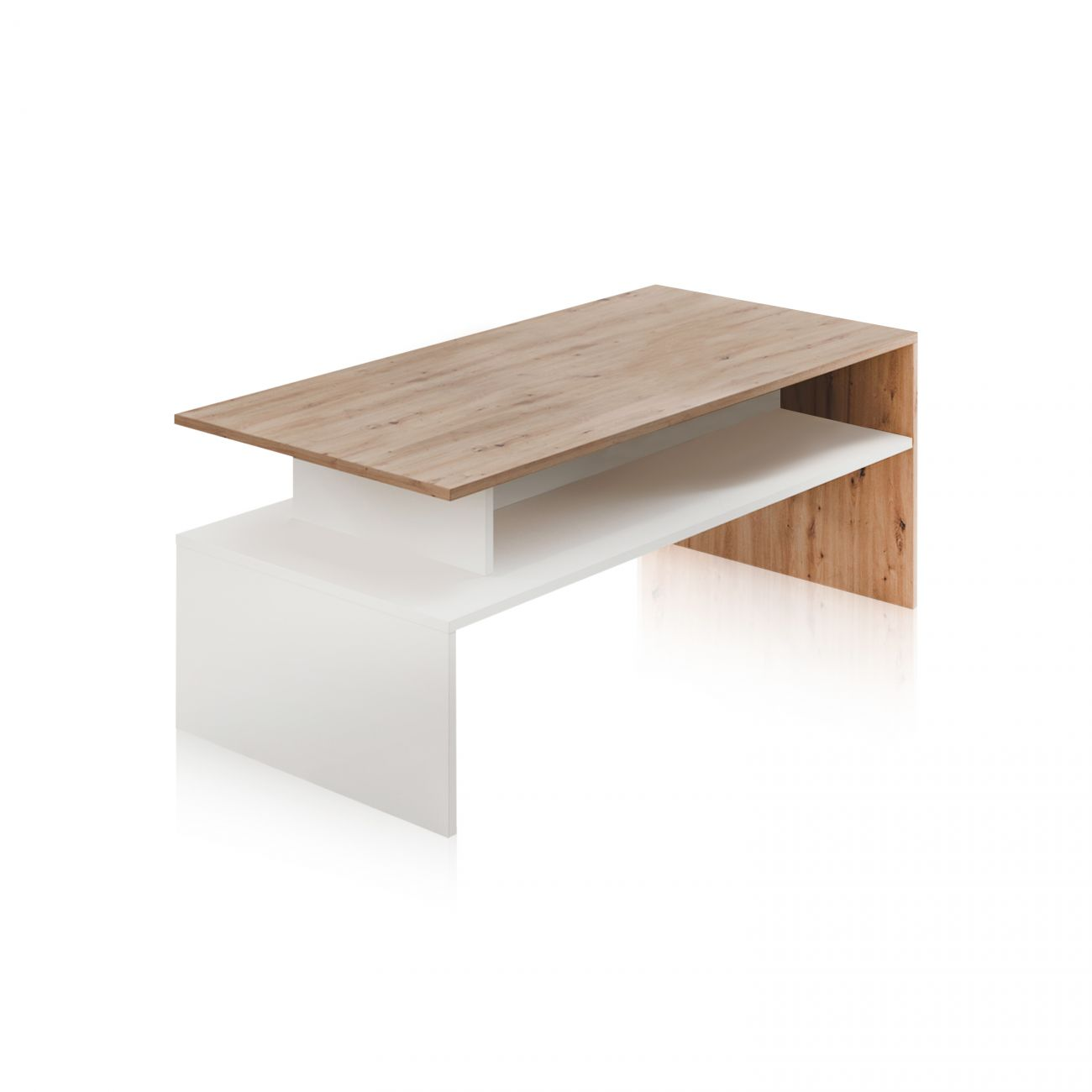 Mesa de centro moderna con tapa de madera y elementos blancos.