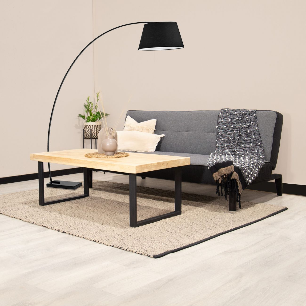 Una sala de estar con sofá, mesa de centro, alfombra y lámpara de pie.