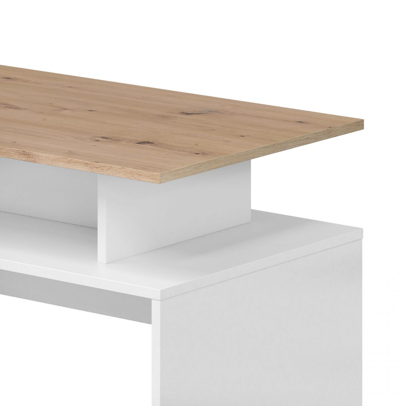 Un primer plano de muebles blancos con tapa de textura veteada de madera.