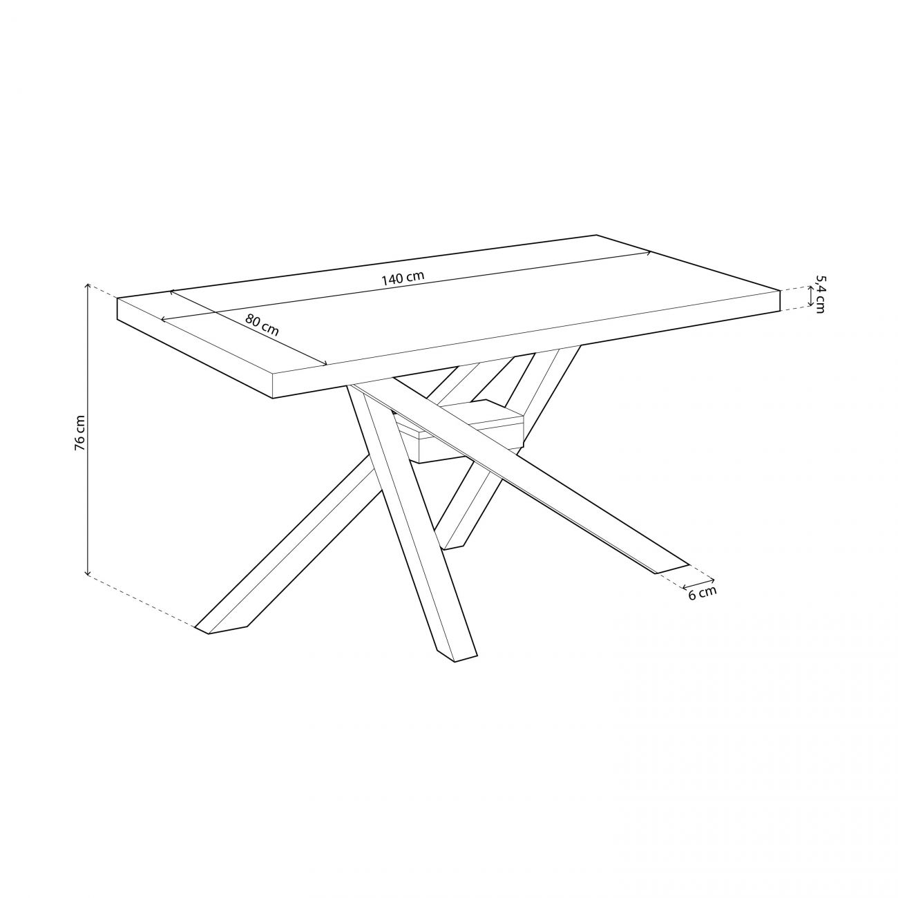 Dibujo técnico de una mesa rectangular con patas en X, dimensiones 140x80x76cm.
