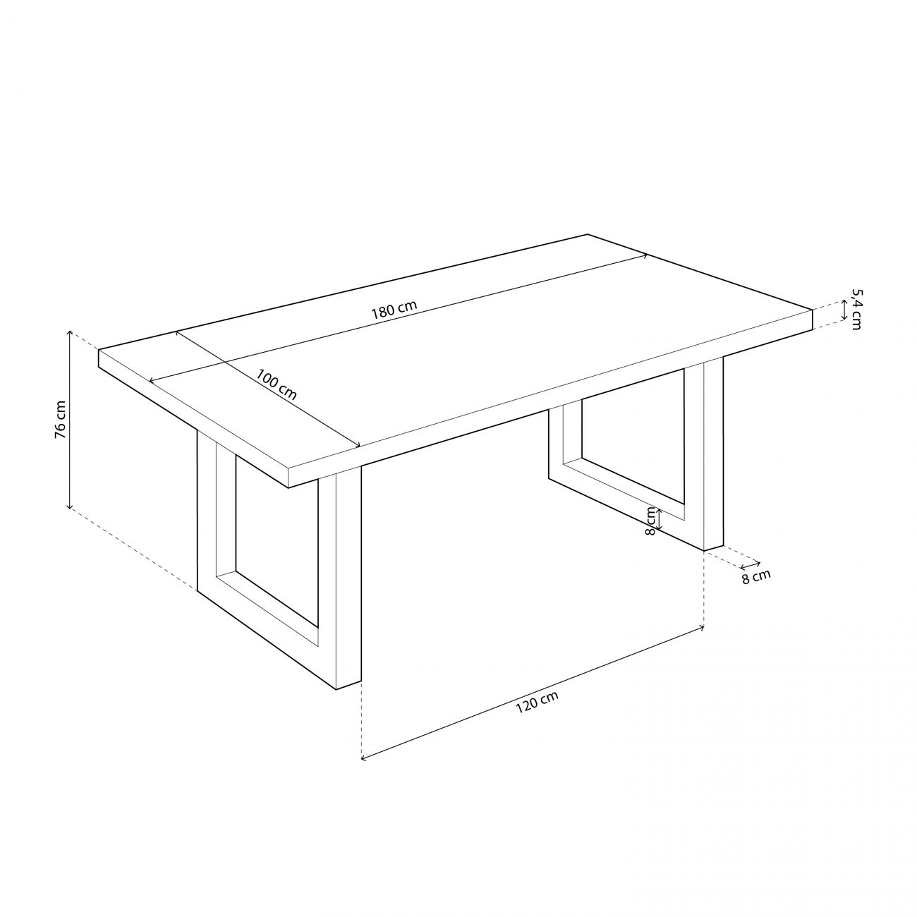 Un dibujo esquemático de una mesa rectangular con dimensiones.