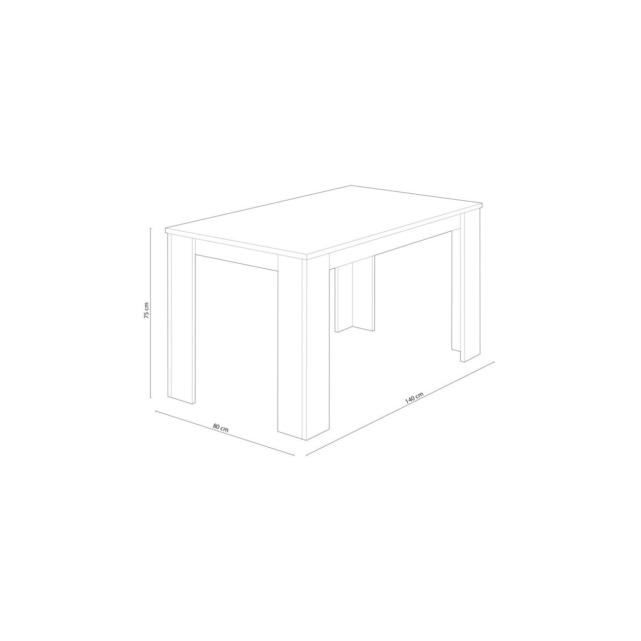 Un simple dibujo lineal blanco de una mesa con dimensiones: 140 cm de largo, 80 cm de ancho, 75 cm de alto.