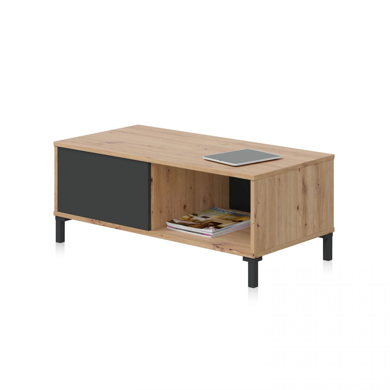 Mesa de centro rectangular efecto madera con compartimento negro y tablet.