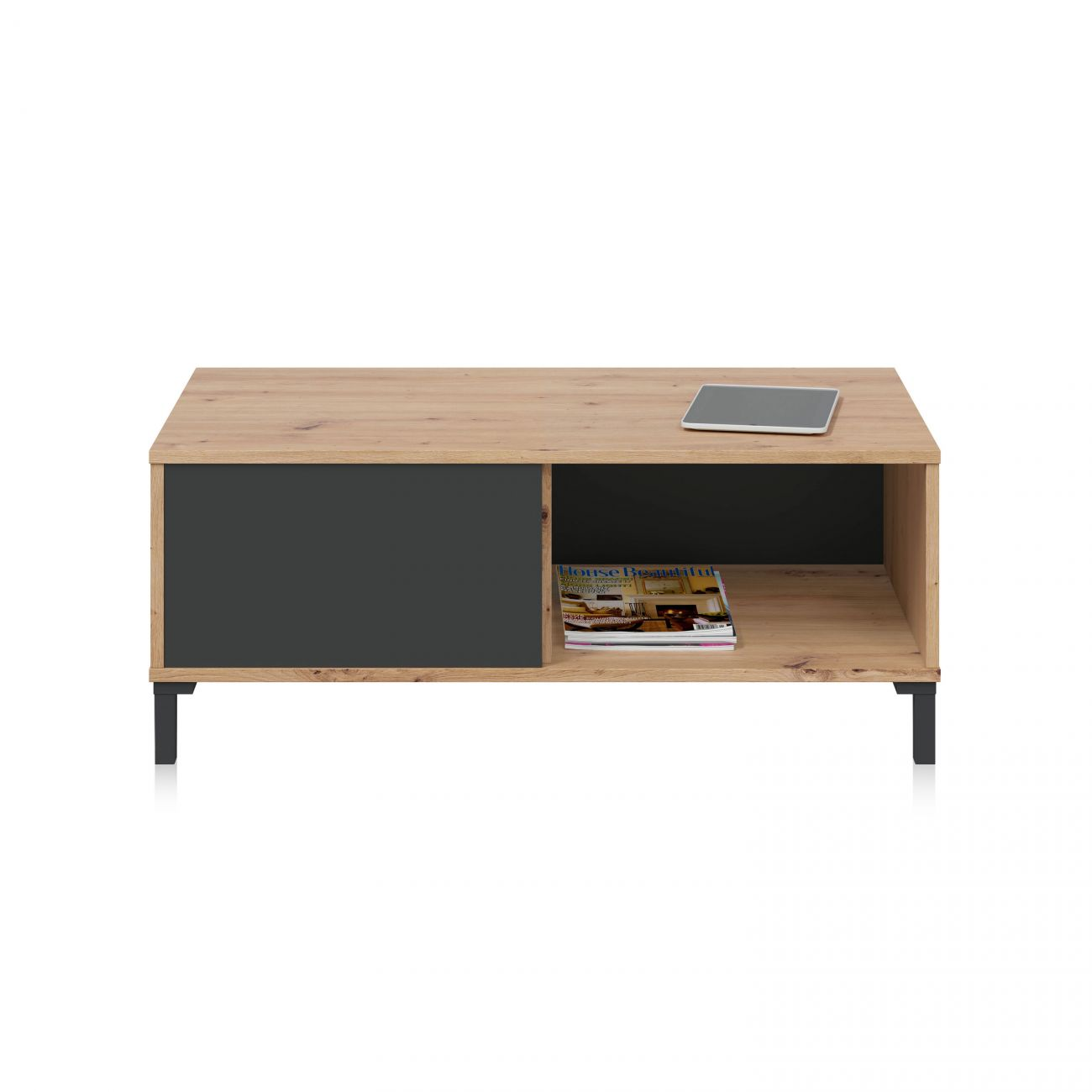 Mesa de centro de madera con puerta negra, tablet y revista.