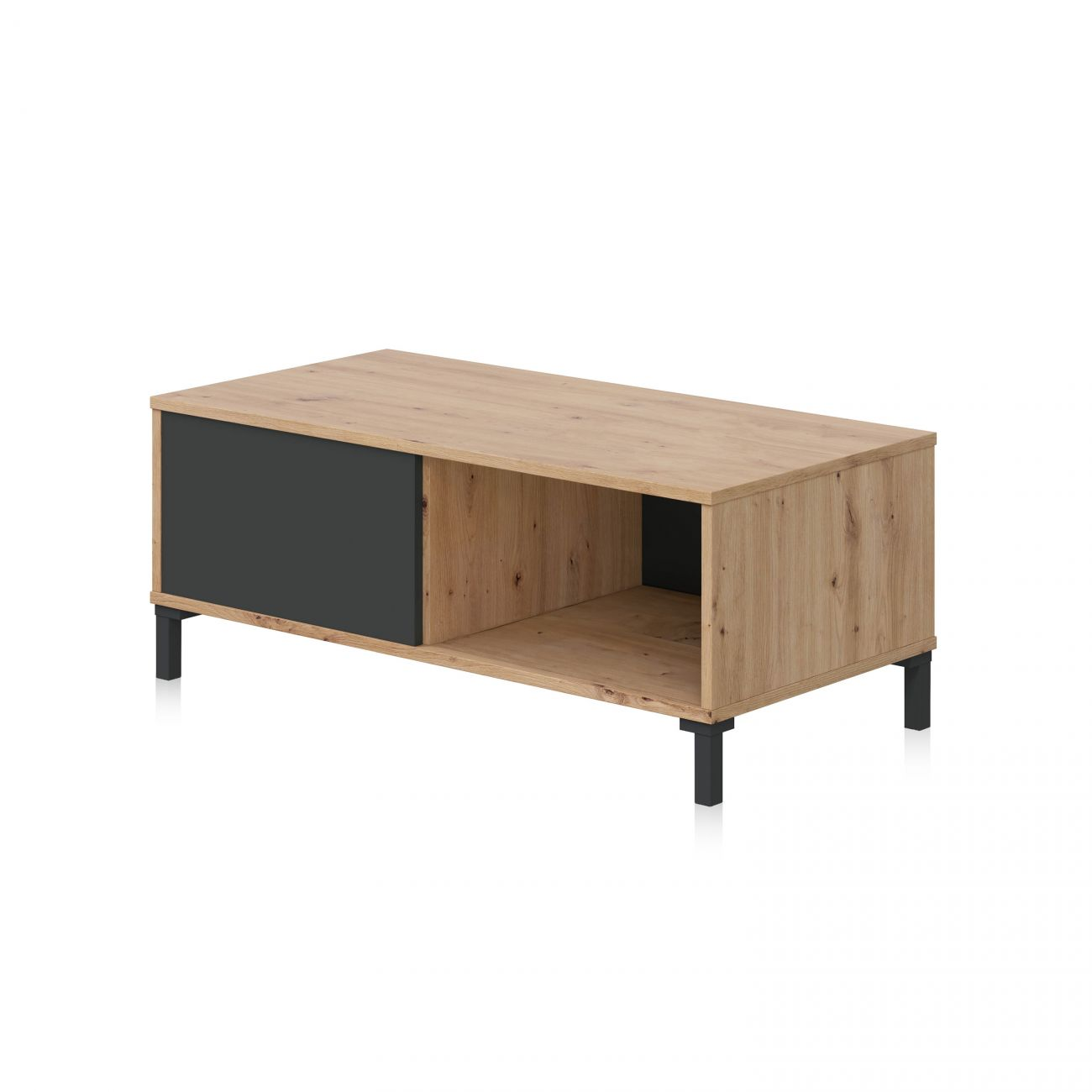 Una mesa de centro de tono madera con puerta corredera oscura y patas negras.