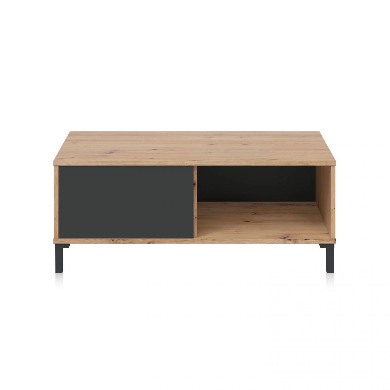Mesa de centro moderna de madera con frente oscuro y estante abierto.