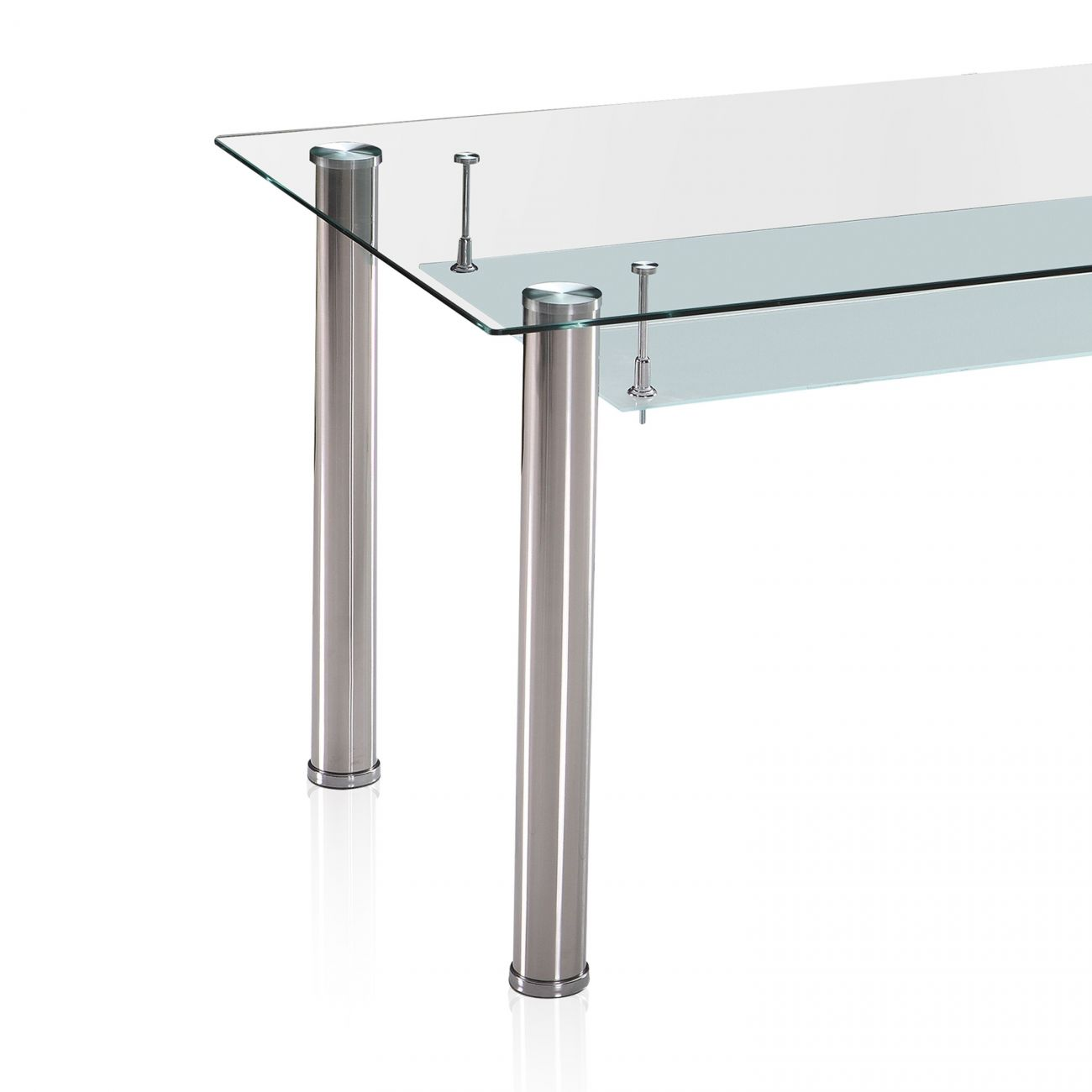 Una mesa de cristal con cuatro patas redondas de metal.