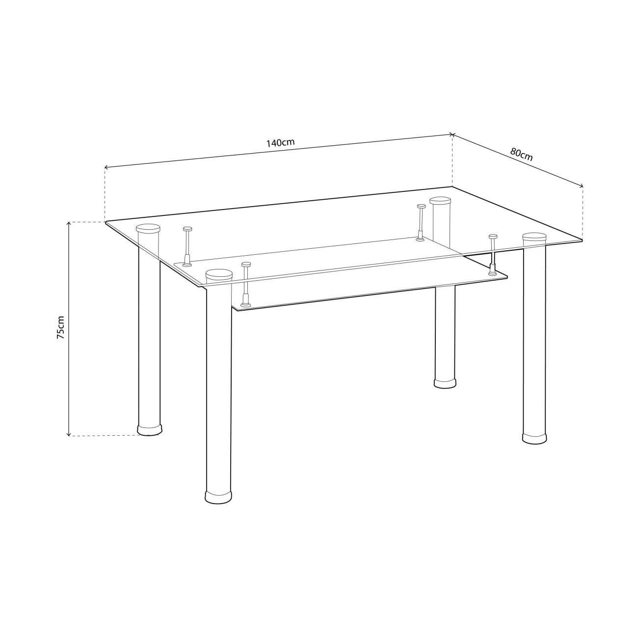 Dibujo de mesa de cristal de 140x80x75cm, cuatro patas y estante de cristal.