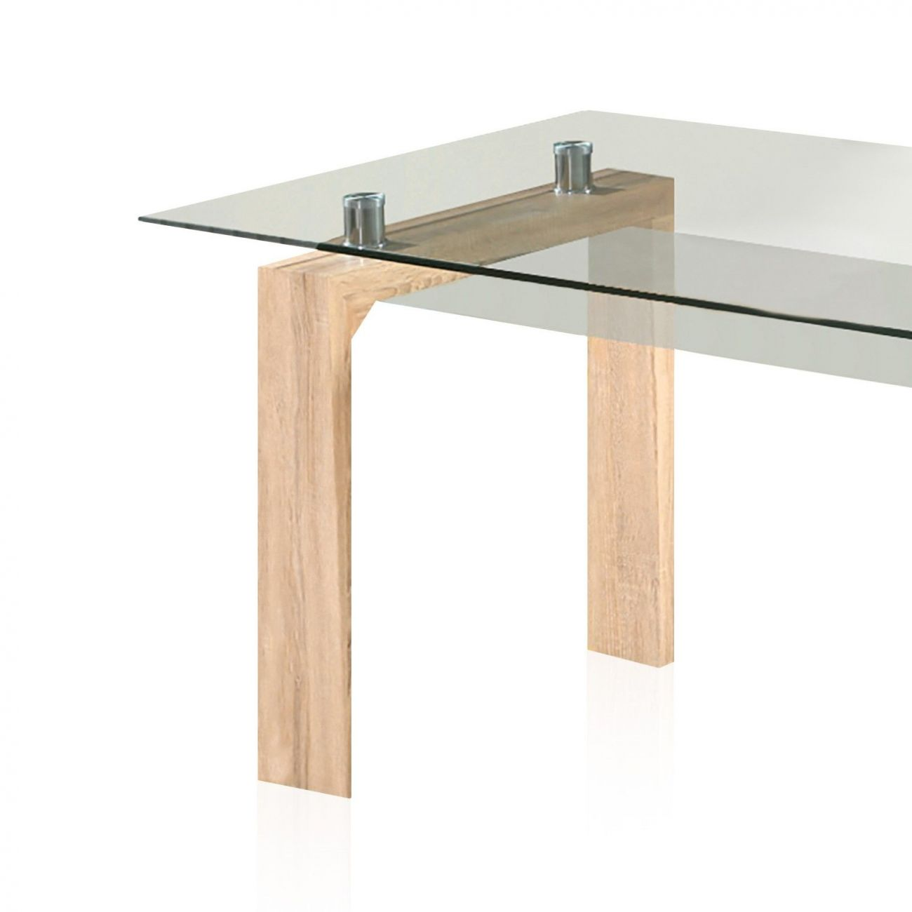 Una mesa de cristal con patas de madera y fijaciones metálicas.