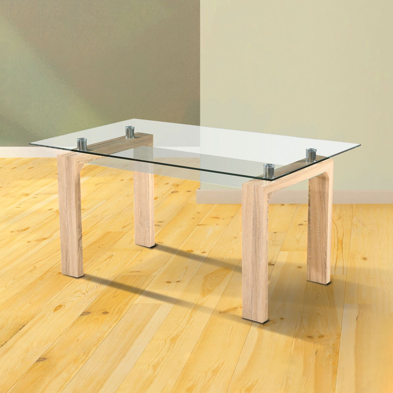 Mesa rectangular de cristal con patas de madera clara sobre suelo de madera.