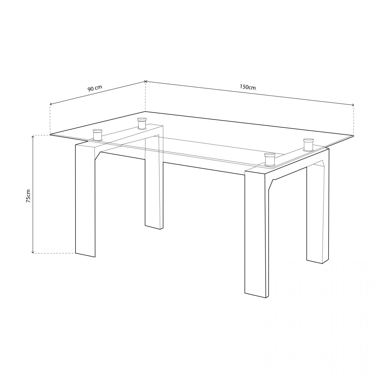 Dibujo lineal de una mesa de cristal de 150x90x75cm.