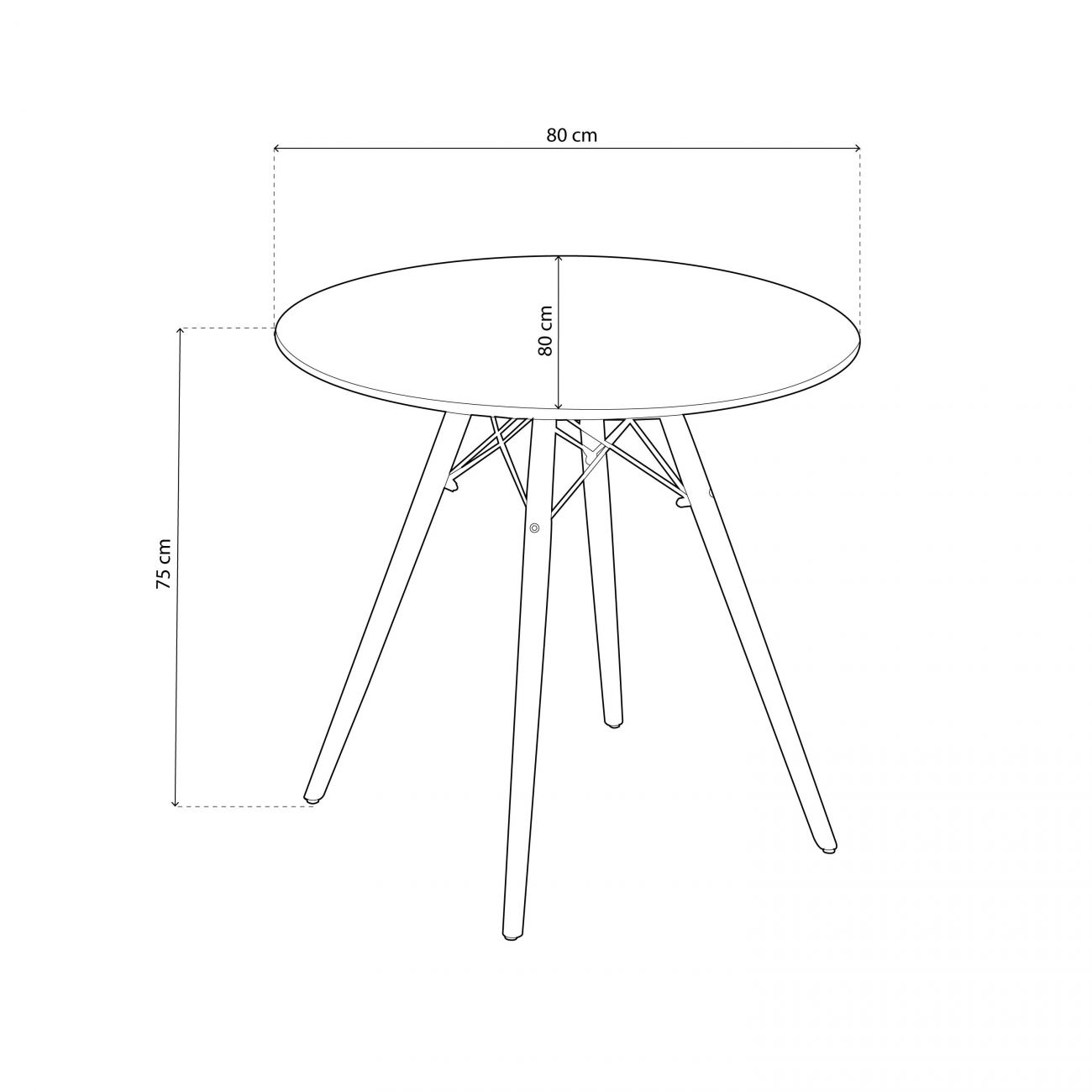 Mesa redonda con cuatro patas. Altura 75 cm, diámetro 80 cm.