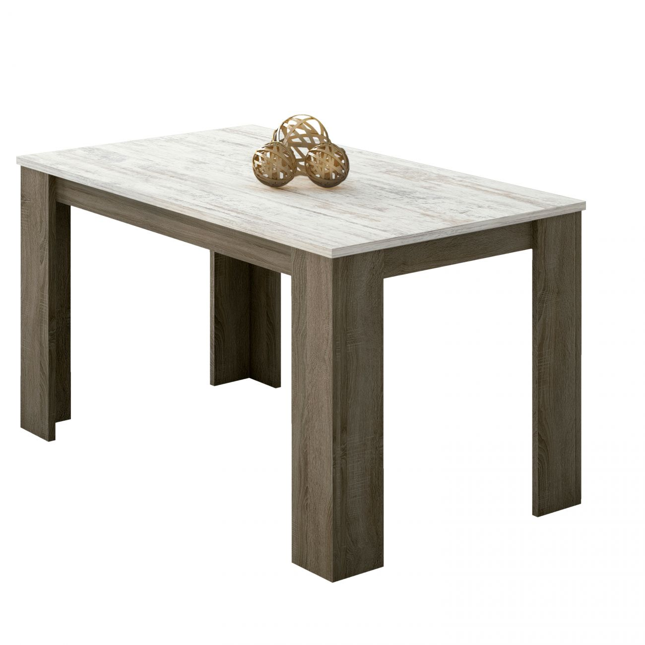 Mesa de madera con tablero blanco y patas oscuras, decorada con esferas doradas.