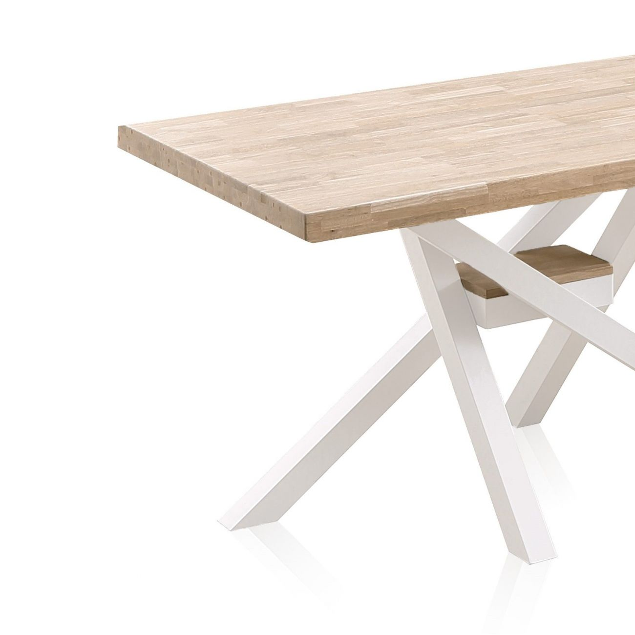 Mesa de madera con base blanca y patas en forma de X.