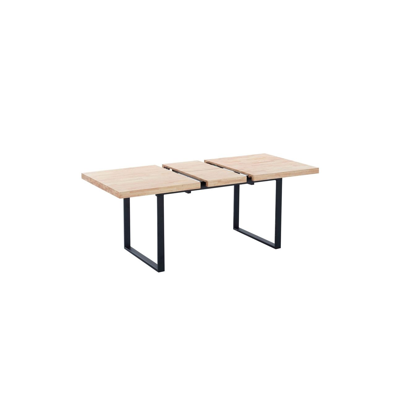 Una mesa de madera extensible con patas de metal negras sobre fondo blanco.