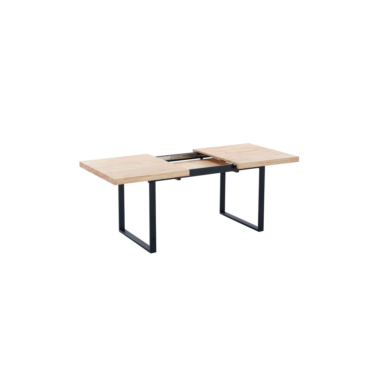 Una mesa extensible de madera con estructura de metal negro.