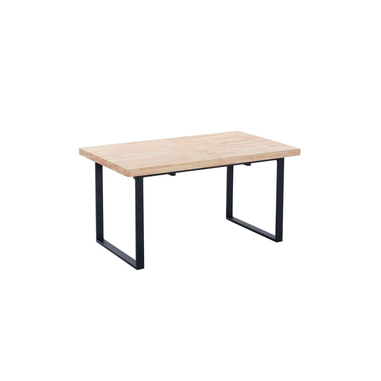 Una mesa rectangular de madera con patas de metal negro sobre fondo blanco.