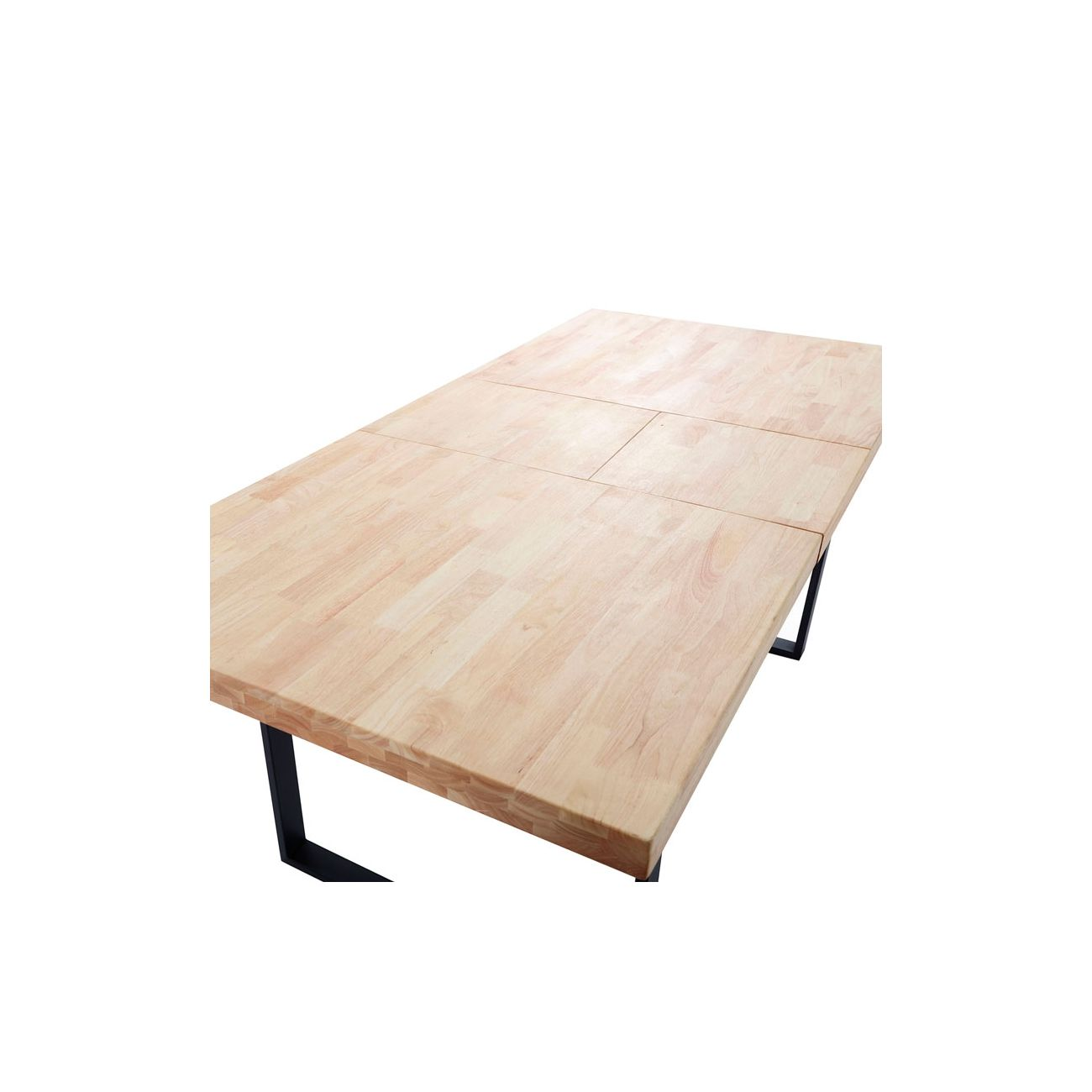 Mesa de madera con patas de metal negro, aislada sobre fondo blanco.