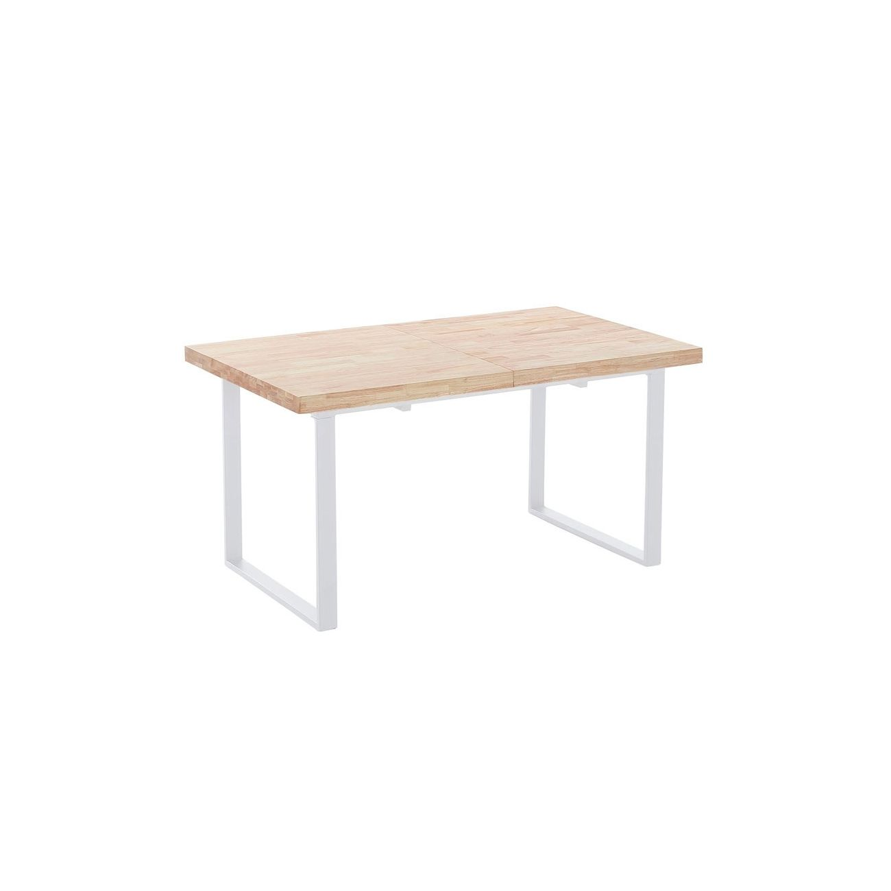 Una mesa de madera con patas de metal blancas sobre fondo blanco.