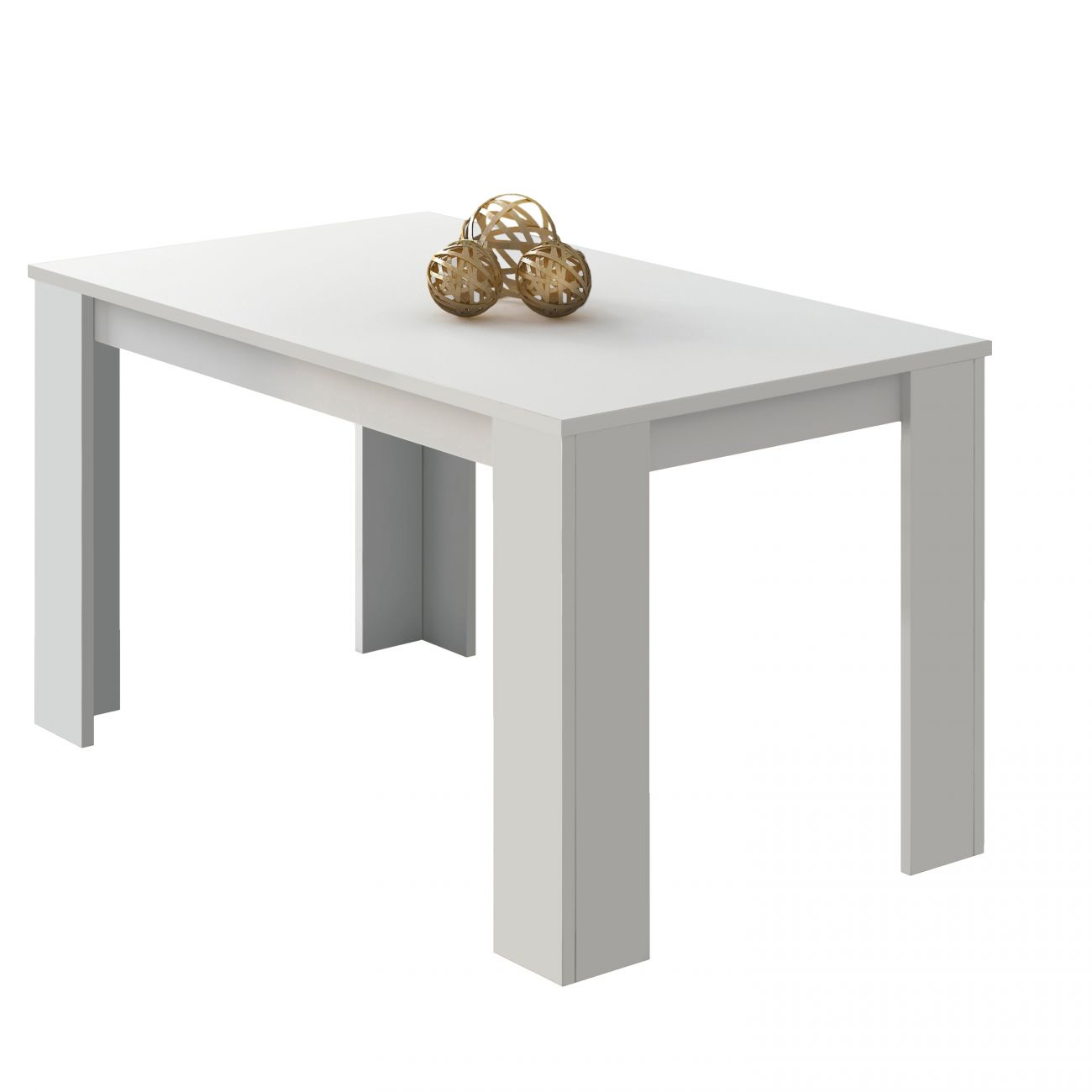 Una mesa blanca con tres esferas decorativas doradas encima.