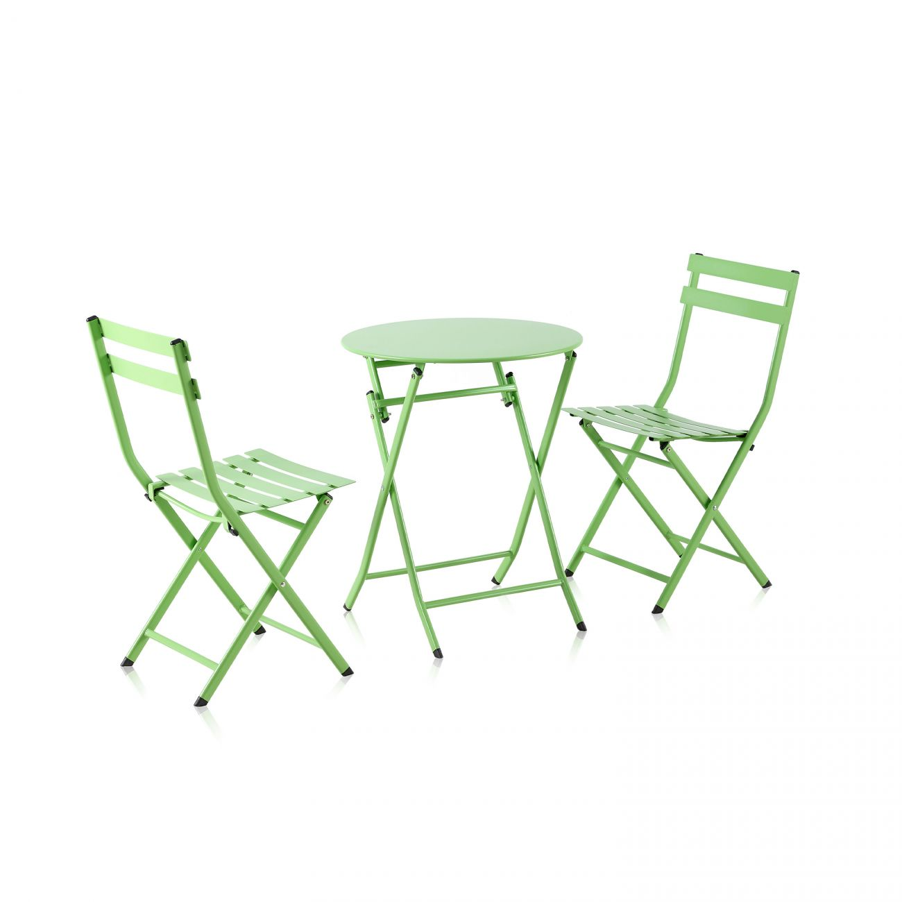 Un juego de bistró de metal plegable verde claro con mesa redonda y dos sillas.