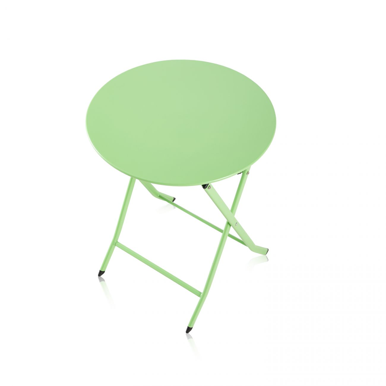 Una mesa plegable redonda verde claro con patas en forma de X sobre fondo blanco.