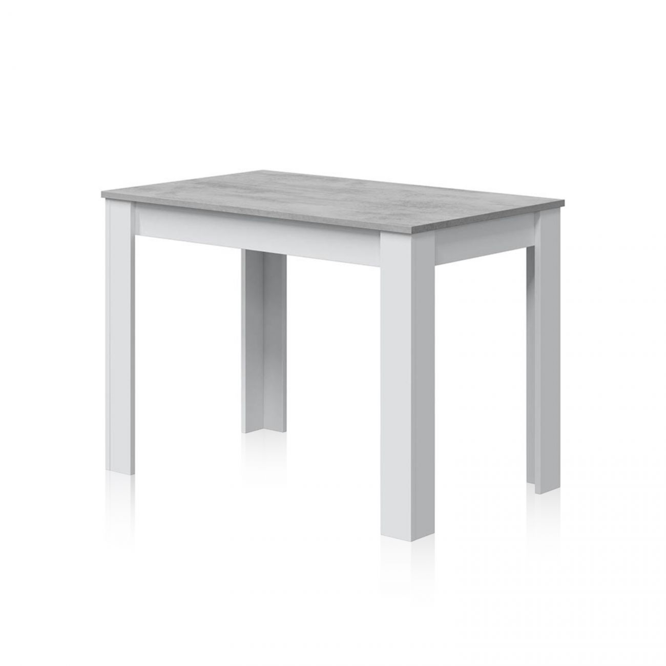 Una mesa rectangular con tablero gris efecto hormigón y patas blancas. Aislada.
