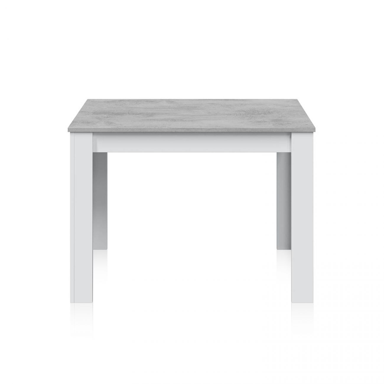 Mesa de comedor moderna con tapa efecto hormigón y patas blancas.