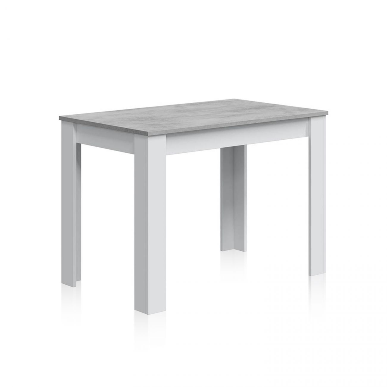Una mesa rectangular con tapa efecto hormigón y patas blancas.