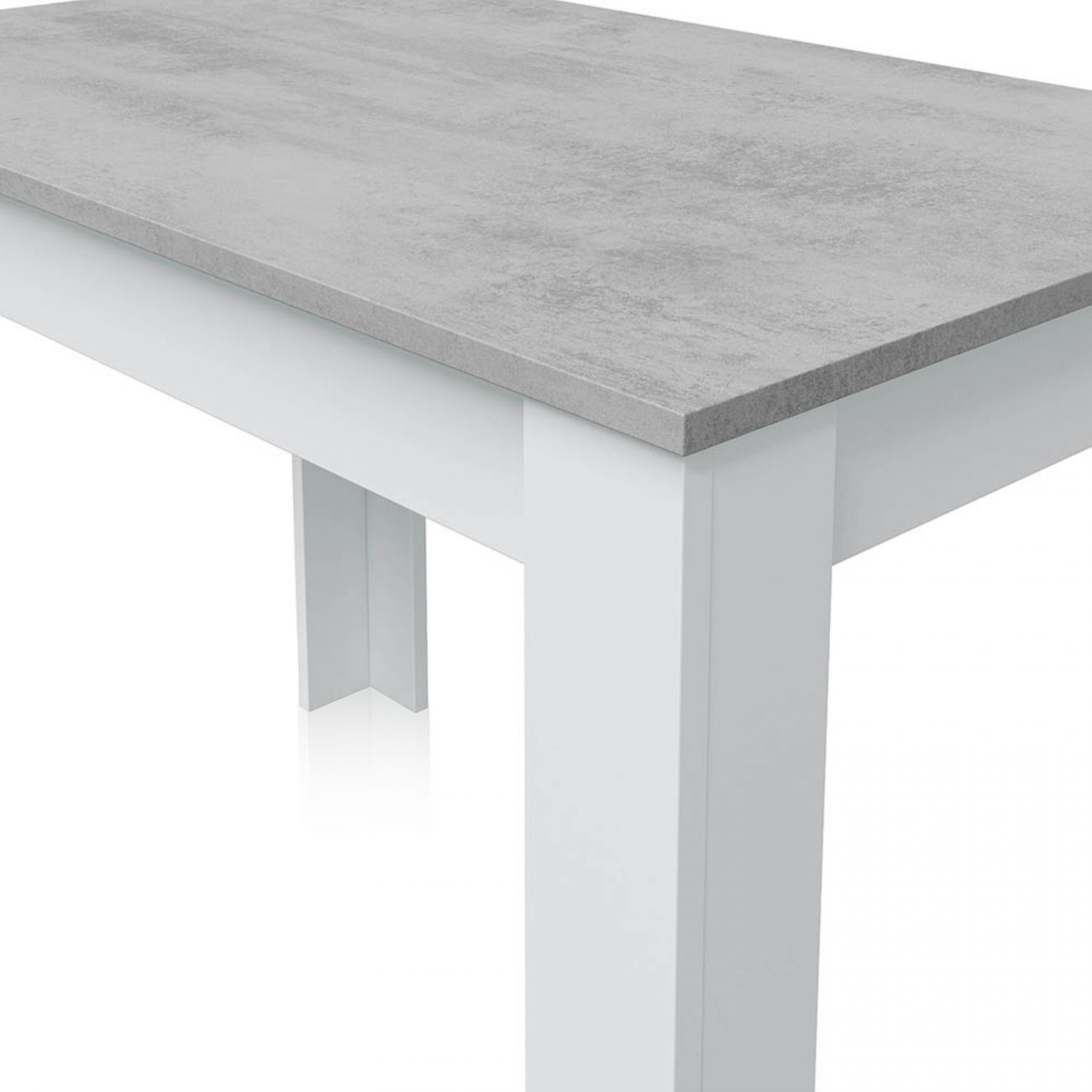 Pata de mesa blanca con tablero efecto piedra gris.