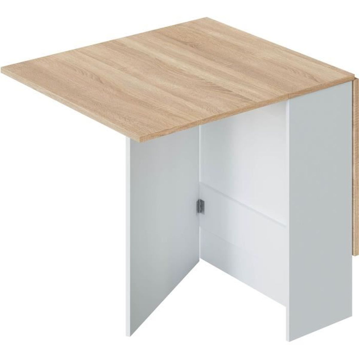 Una mesa abatible con tapa de madera y laterales blancos.