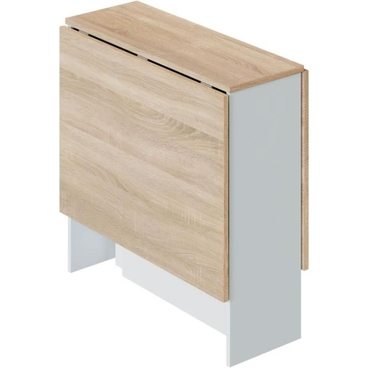 Una mesa plegada de madera clara con patas blancas y panel lateral gris.
