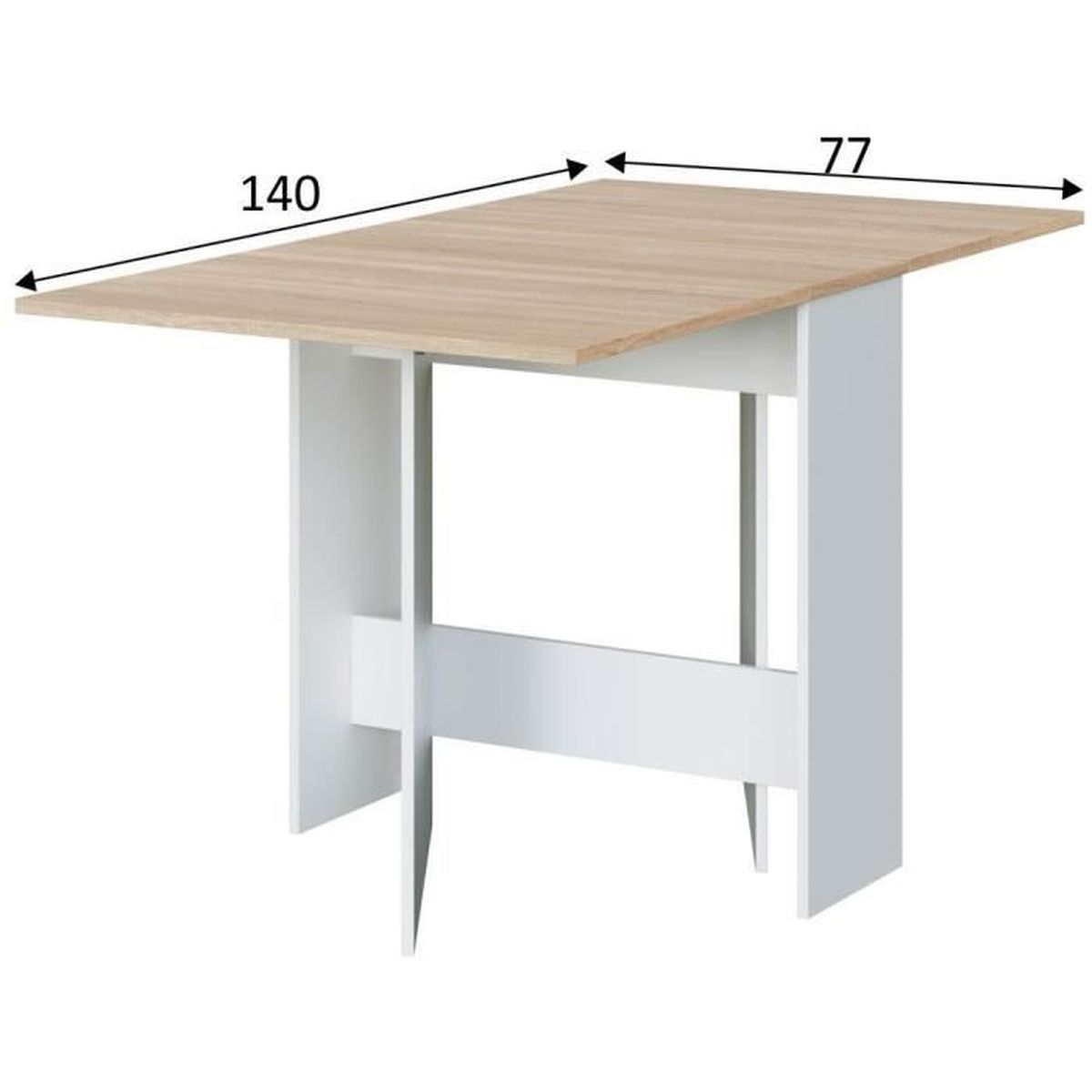 Una mesa blanca con tablero de madera marrón claro, medidas 140x77.