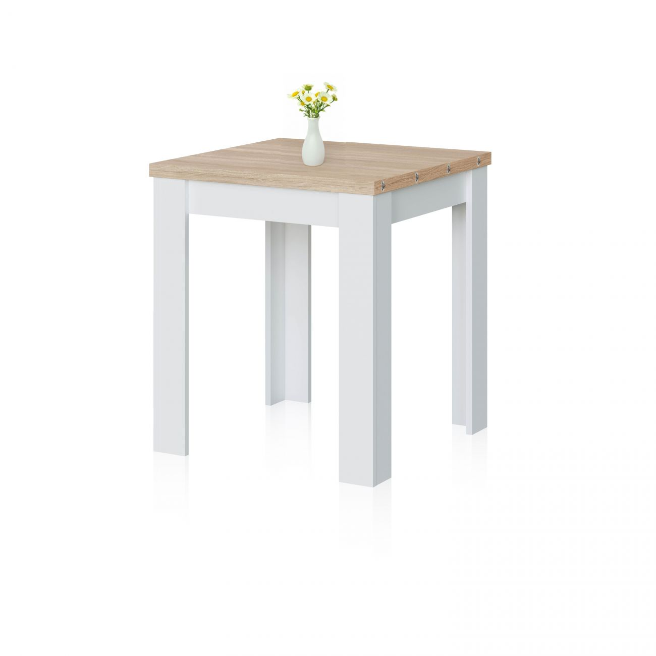 Una mesa blanca pequeña con tablero de madera y flores en un jarrón.