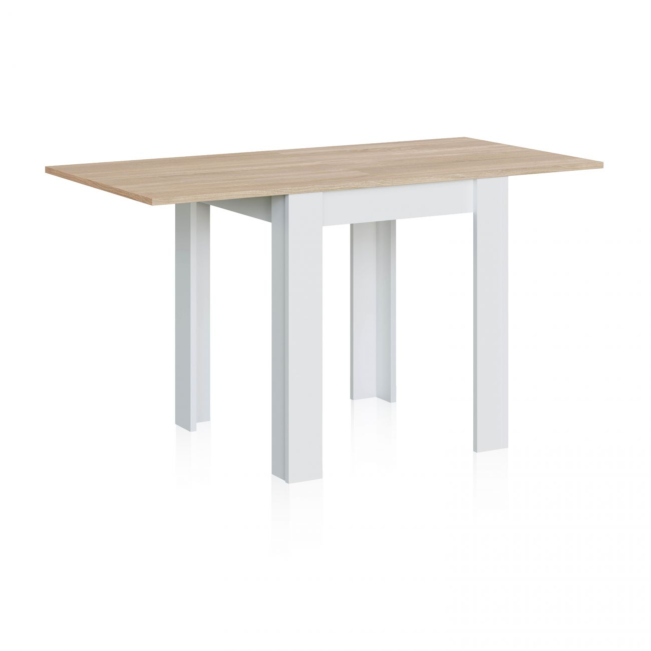 Una mesa de madera clara con patas blancas, sobre fondo blanco.