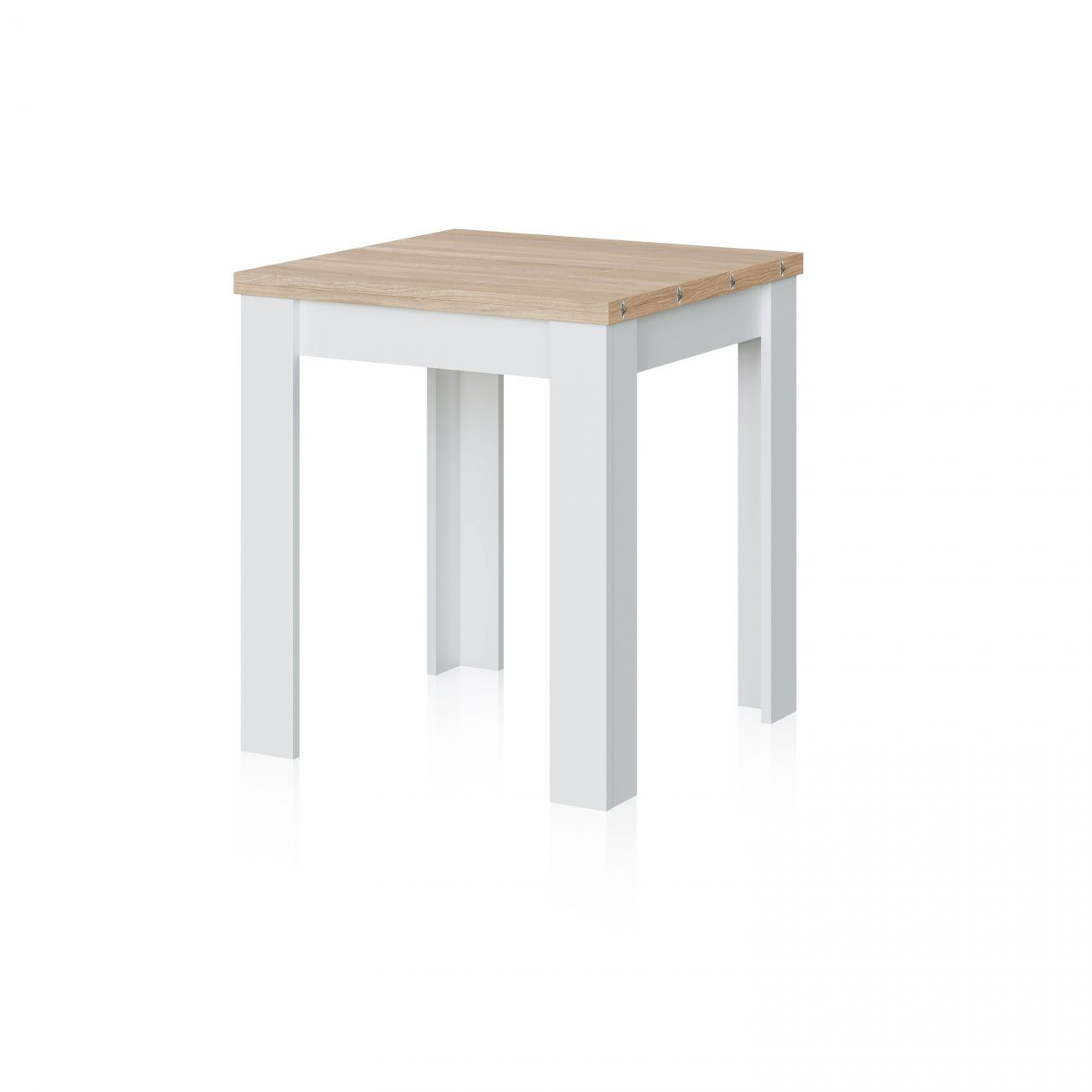 Una mesa pequeña de madera con marco blanco y tablero de madera.