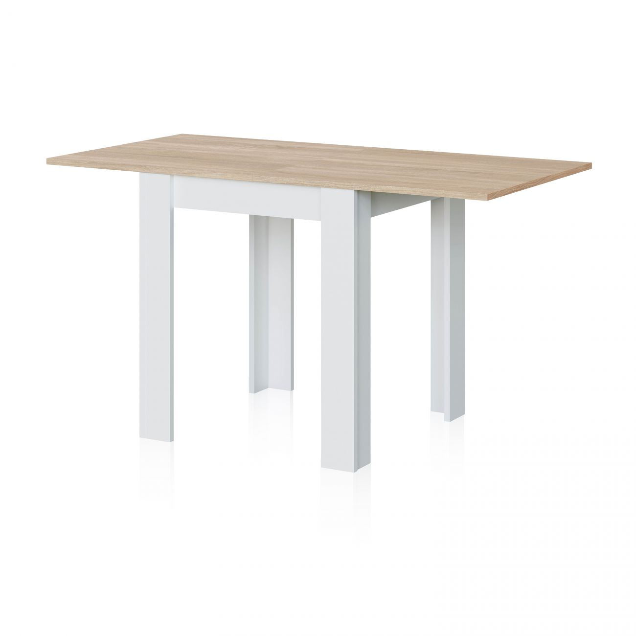 Mesa blanca con tablero efecto madera y cuatro patas.