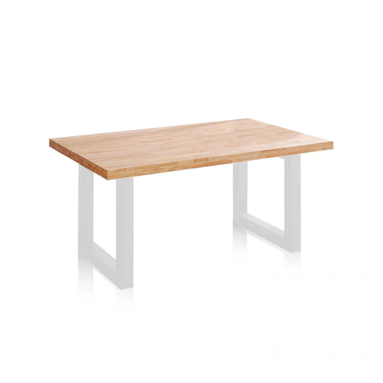 Una mesa de madera con patas blancas sobre fondo blanco.