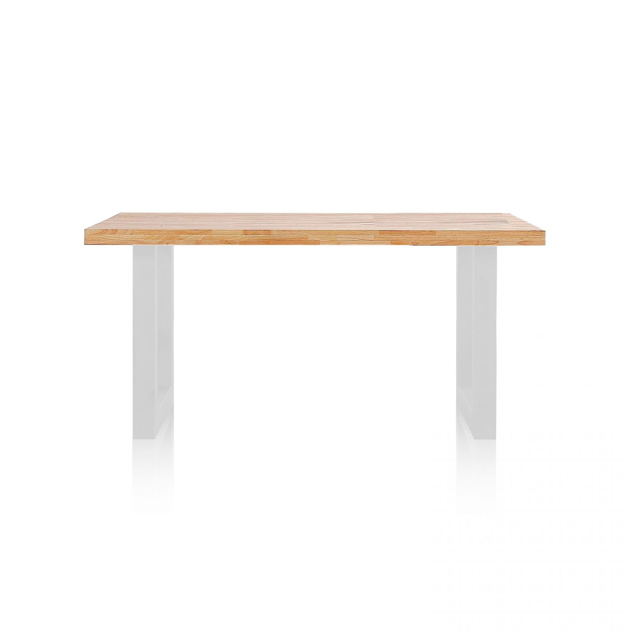 Una mesa de madera con patas blancas sobre fondo blanco.