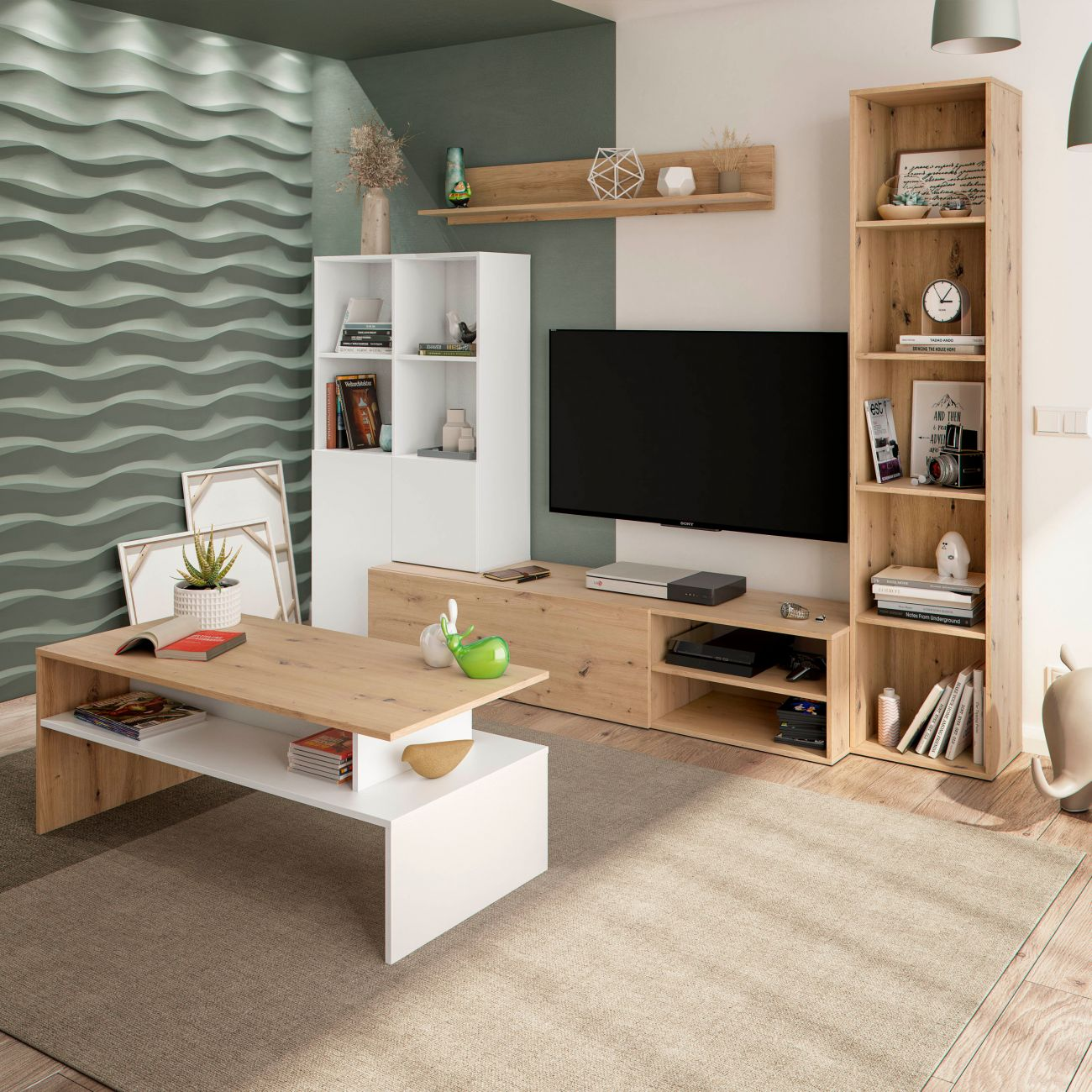Sala de estar moderna con pared de olas, muebles de madera, TV, estanterías y mesa de centro.