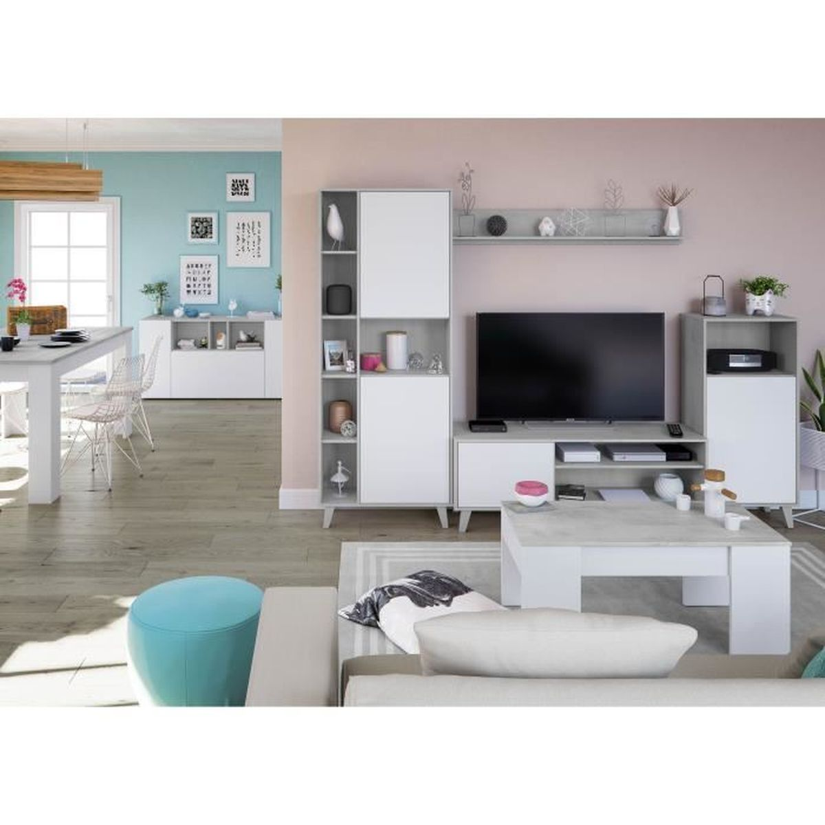 Sala de estar moderna con TV, sofá, mesa de centro y comedor.