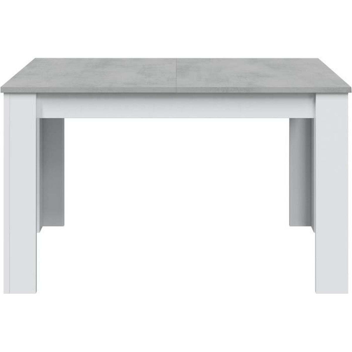 Una mesa rectangular con tablero gris efecto hormigón y patas blancas.